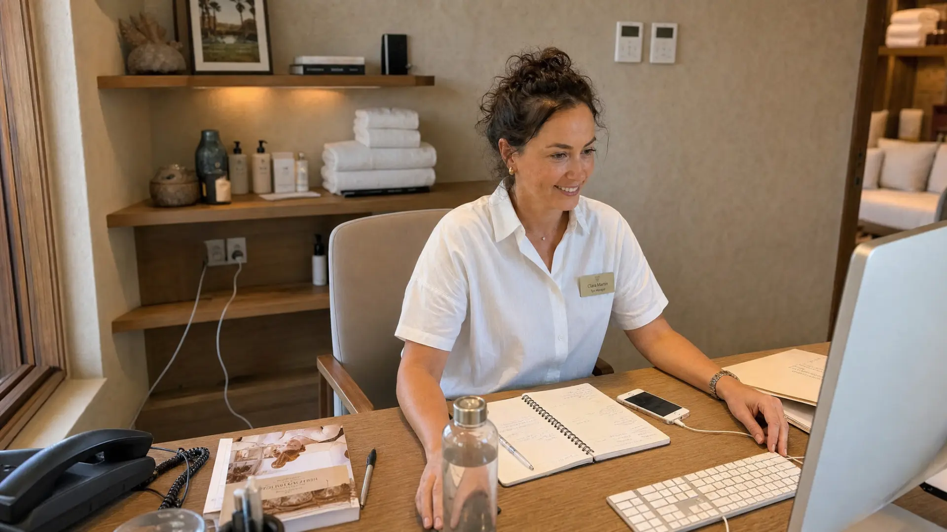 Spa manager organizando el día entre el ordenador, una libreta y el teléfono