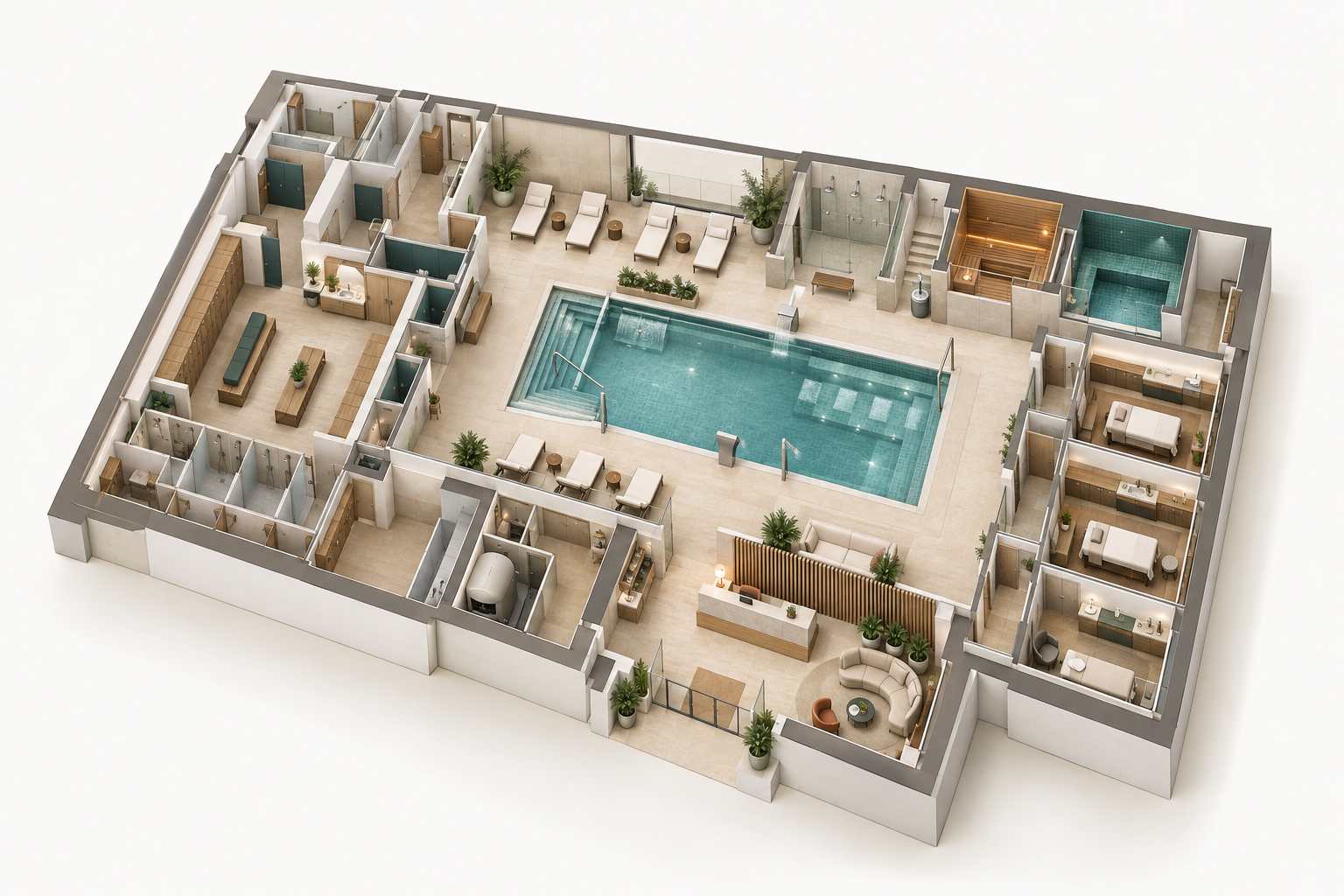 Maqueta isométrica de un spa con piscina, cabinas, sauna y zonas de bienestar
