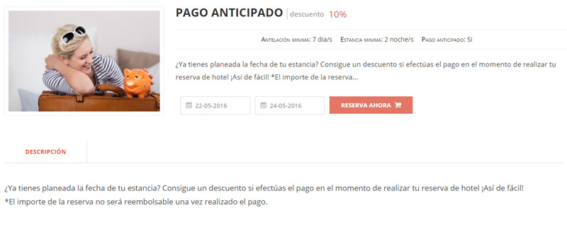 Captura de pantalla que muestra un ejemplo de oferta no reembolsable de spa