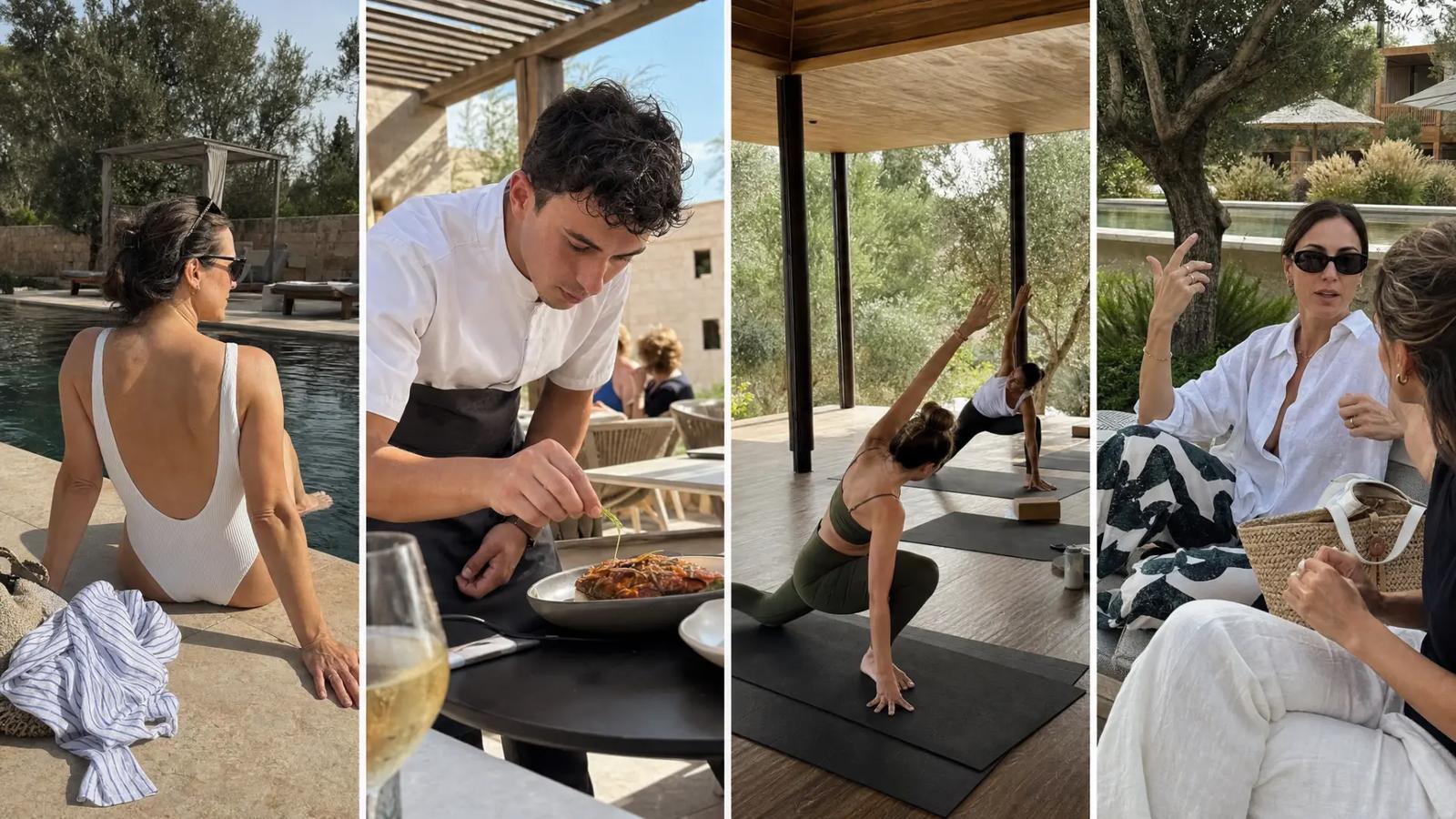 Mosaïque d'espaces de l'hôtel : client à la piscine, chef dressant une assiette au restaurant, cours de yoga en plein air et deux clients discutant au bord de la piscine