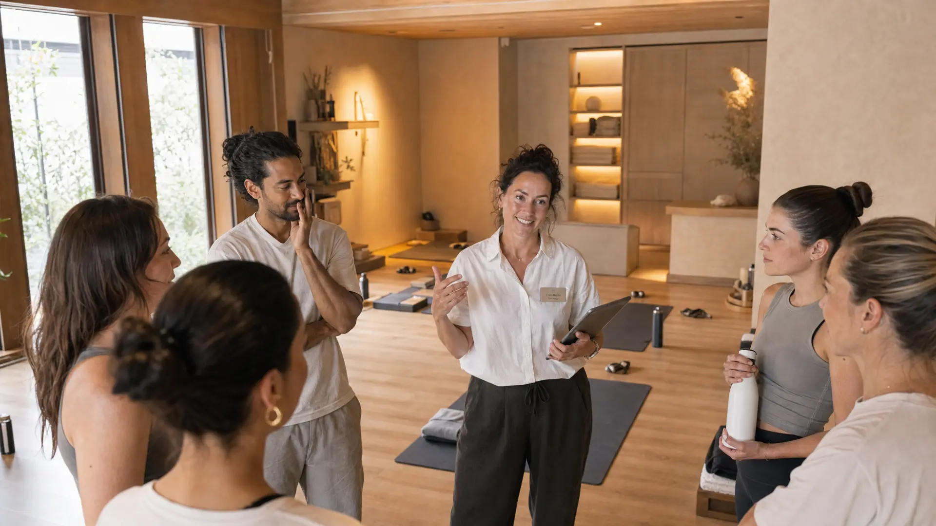 Spa manager coordinándose con el equipo antes de abrir el spa
