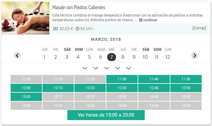 Calendario online para elegir las citas del servicio de un spa