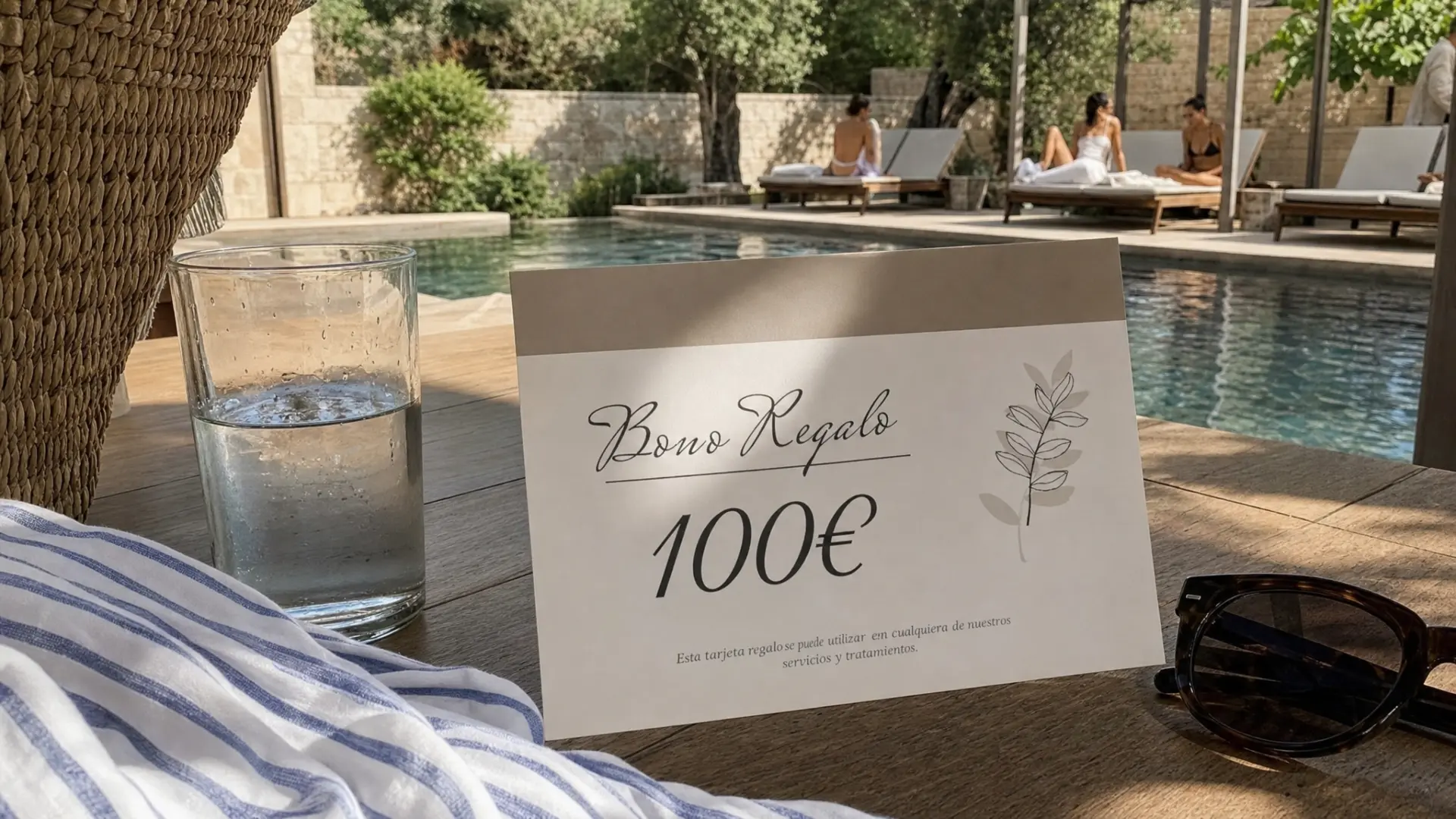 Tarjeta de bono regalo de 100 € sobre una mesa junto a la piscina de un spa