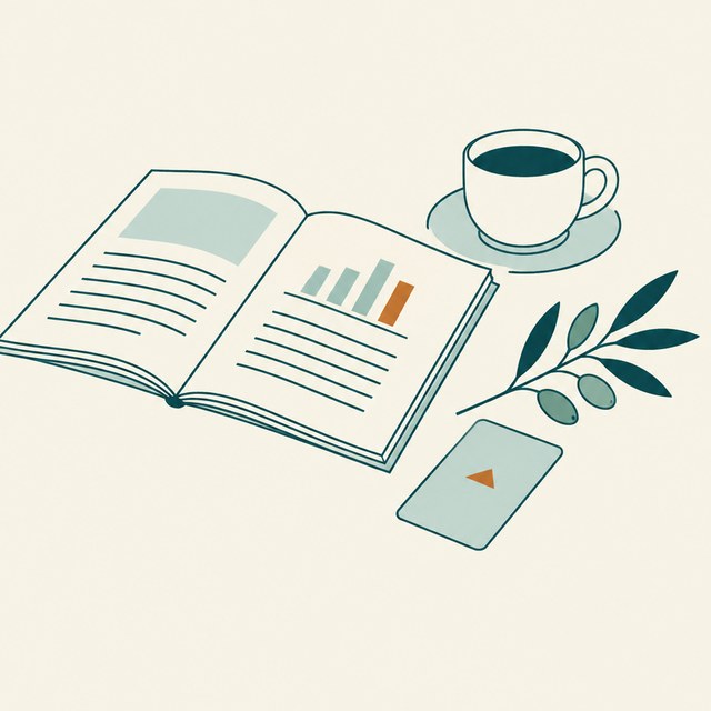Ilustración de una revista abierta con un gráfico, una taza de café y una tarjeta de habitación
