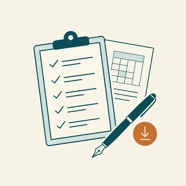 Ilustración de una checklist, un calendario y una pluma con el icono de descarga