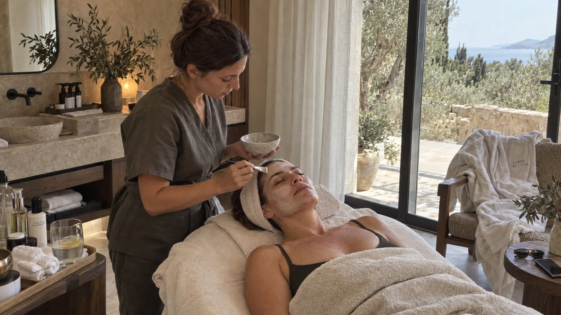 Terapeuta aplicando un tratamiento facial en una cabina de spa con vistas al mar