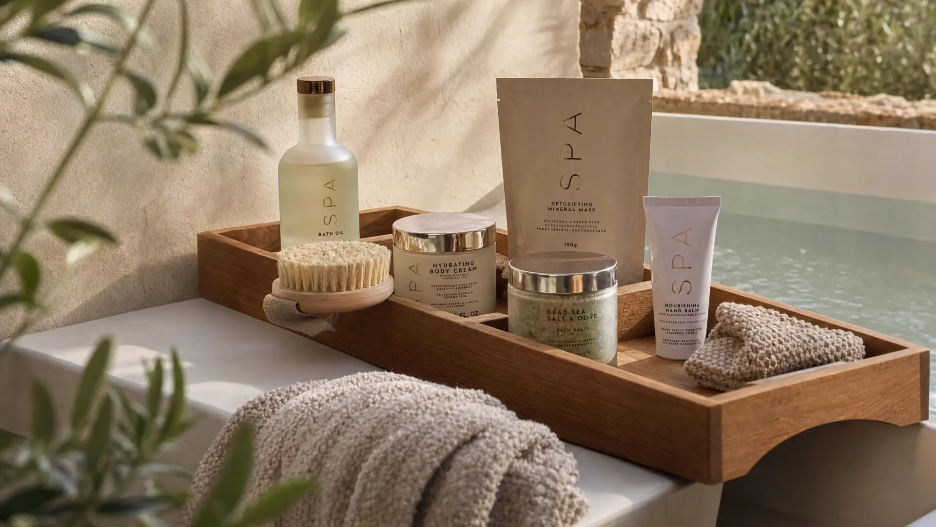 Bandeja de madera con productos de spa: aceite de baño, crema corporal, sales y mascarilla